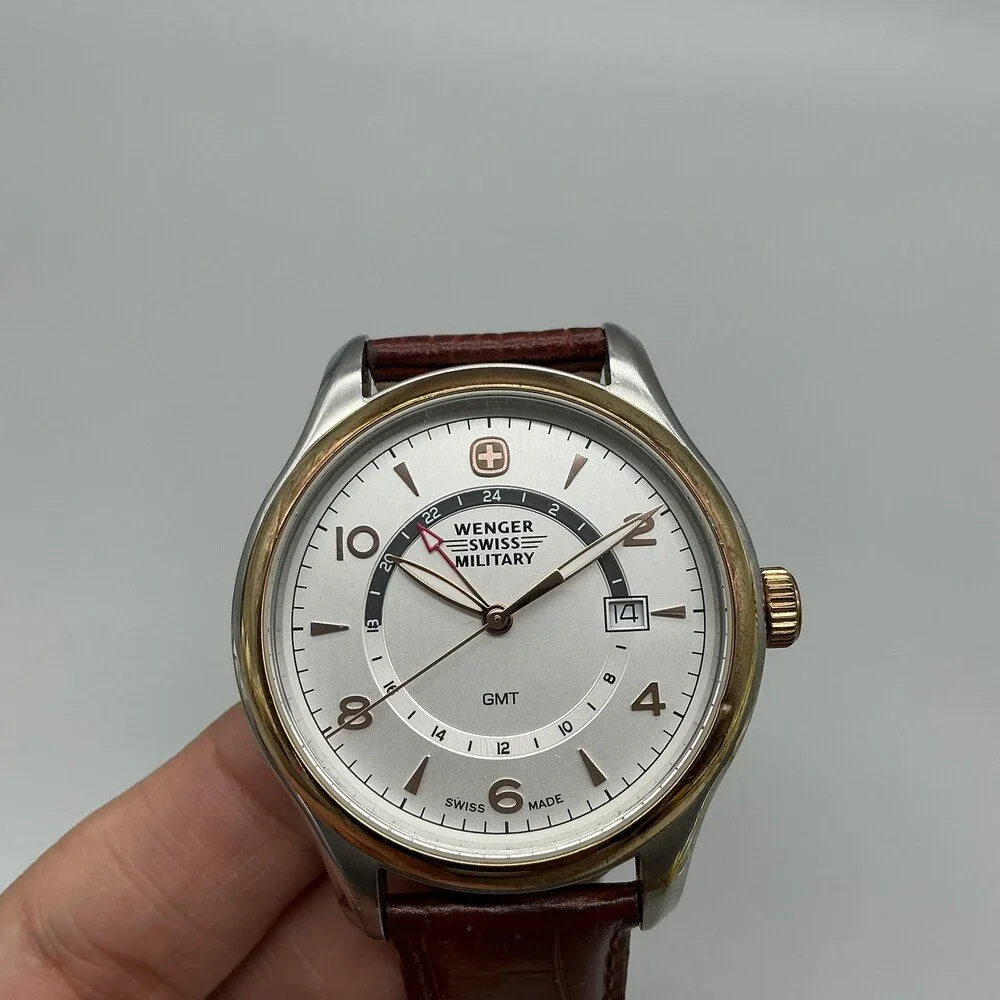 Wenger Swiss Military GMT Mens Watch 41mm Silver Tone Leather Swiss New Battery